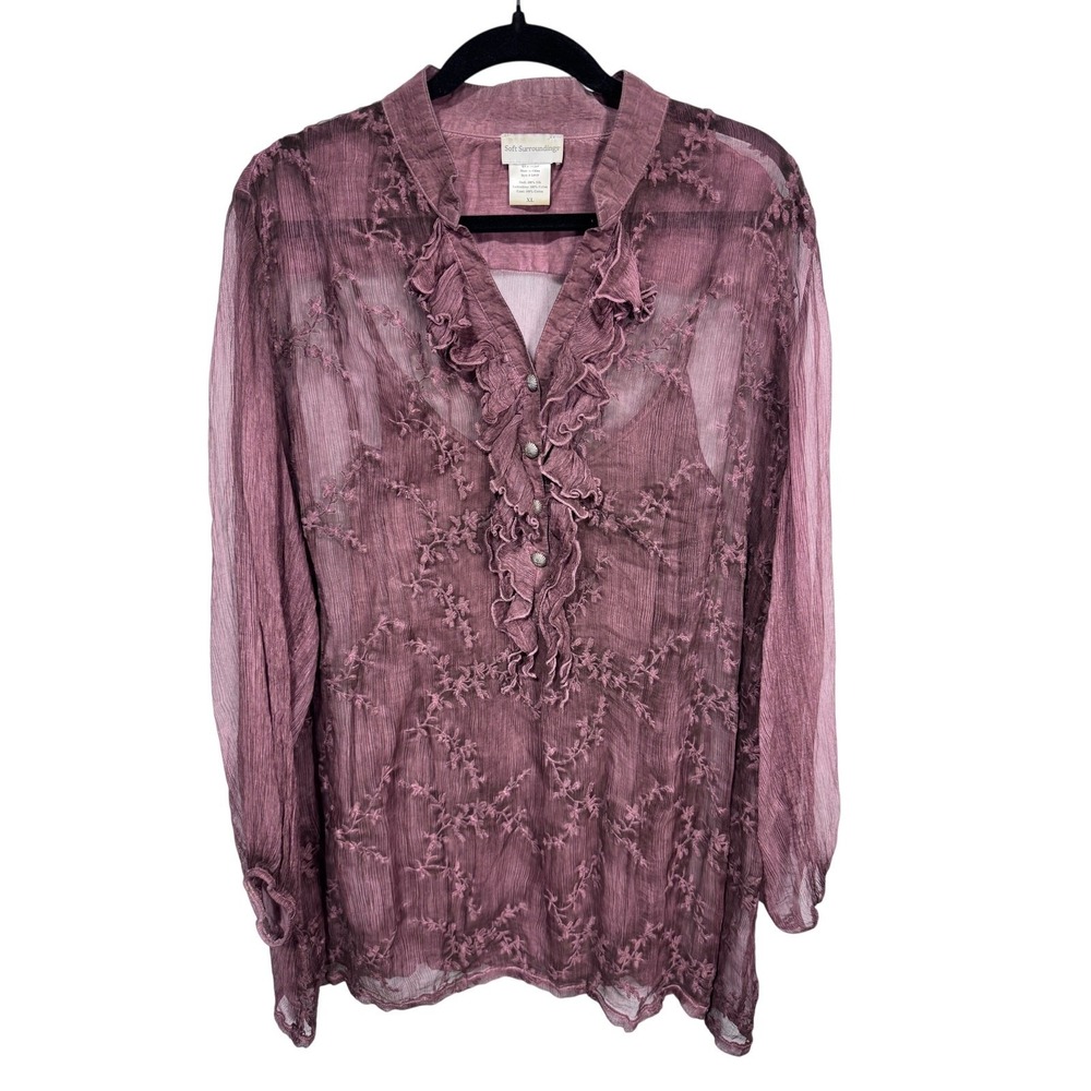 Vintage Soft Surroundings Embroidered Silk Sheer Blouse with Cami Women's XL
